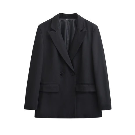 Women's Double-Breasted Chic Blazer Coat - Long Sleeve Office Wear with Flap Pockets