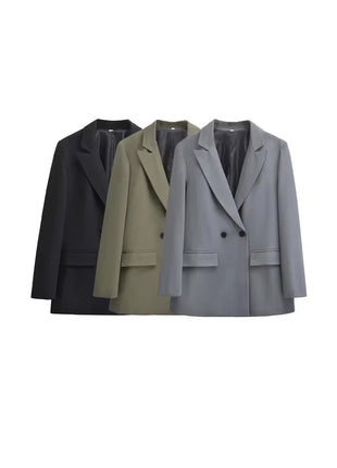 Women's Double-Breasted Chic Blazer Coat - Long Sleeve Office Wear with Flap Pockets