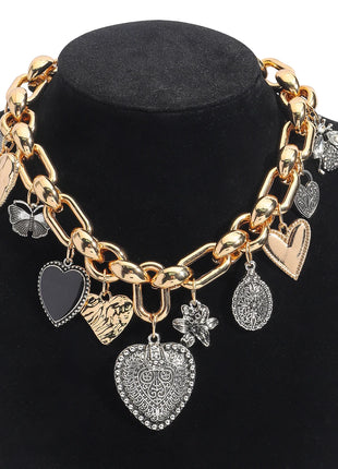 14K Gold Plated Heart Flower Butterfly Pendant Necklace - Vintage Charm