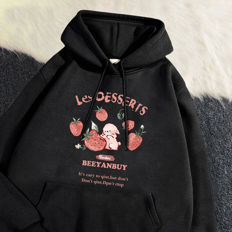 Women's Strawberry & Rabbit Hoodie - Cozy Autumn/Winter Pullover