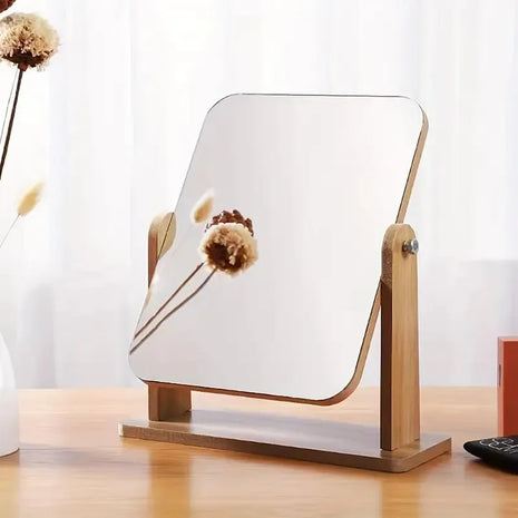 Wooden Rotating Desktop Makeup Mirror with Magnifying Feature