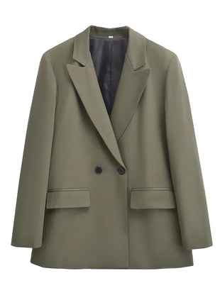 Women's Double-Breasted Chic Blazer Coat - Long Sleeve Office Wear with Flap Pockets